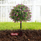 Bailikang 2PCS Artificial Rose Boxwood Topiary Ball Bush with Ground Spike Fake Evergreen Shrubs Bushes Plants UV Resistant Faux Greenery Shrubs, Fake Rose&Green Boxwood Plants for Garden, Yard, Porch