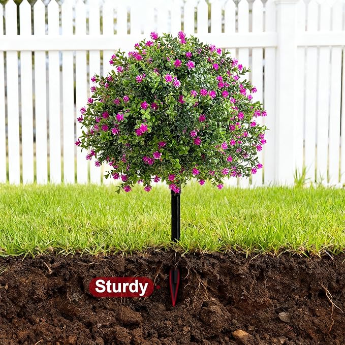 Bailikang 2PCS Artificial Rose Boxwood Topiary Ball Bush with Ground Spike Fake Evergreen Shrubs Bushes Plants UV Resistant Faux Greenery Shrubs, Fake Rose&Green Boxwood Plants for Garden, Yard, Porch