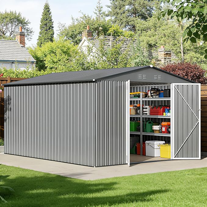 10 x 12FT Sheds & Outdoor Storage, Grey Metal Waterproof Storage Shed with Door and Lock Outdoor Shed,All-Weather Shelter for Bike, Gardening Tools, Lawn Mowers