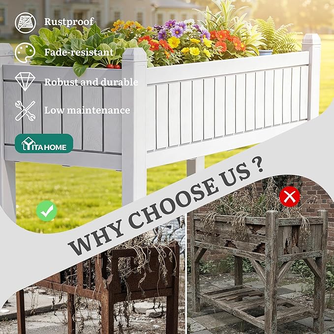 YITAHOME 42.5x17.3x35.4 in Raised Garden Bed, Outdoor Plastic Planter Box with Wheels, Legs, Drain Plug, and Storage Shelf for Plants, Vegetables, Flowers, Herbs, White