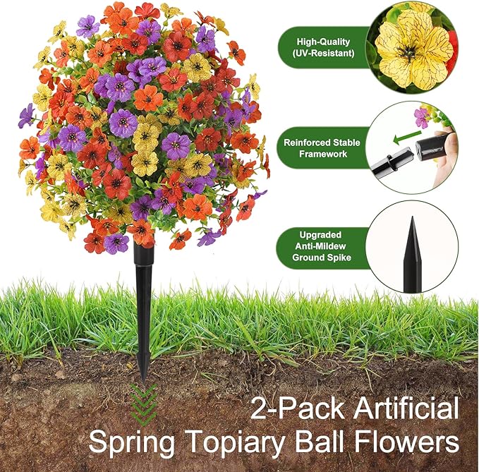 Alupssuc 2Pcs 20" Artificial Topiary Ball Flowers, Spring Outdoor Decoration with Spike, UV Resistant Faux Summer Plants, Faux Bushes Plants, Red Purple Yellow Orange for Garden, Porch Decor