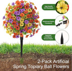 Alupssuc 2Pcs 20" Artificial Topiary Ball Flowers, Spring Outdoor Decoration with Spike, UV Resistant Faux Summer Plants, Faux Bushes Plants, Red Purple Yellow Orange for Garden, Porch Decor