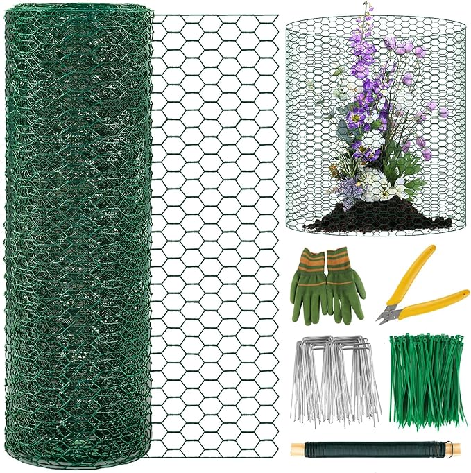 Plant Protectors from Animals, 16.4 x 16In Green PVC Coated Galvanized Chicken Wire Mesh Roll, 0.8mm Free-Cut Plant Cage with Ties, Stakes, Gloves, Pliers & Floral Wire (33Ft*23.6In(23.6X 394 Inch))