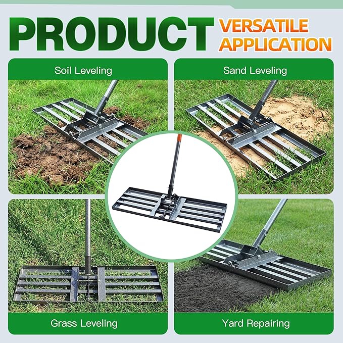 Lawn Leveling Rake 30x10 Inch, 6FT Heavy-Duty Carbon Steel Lawn Leveler – Yard Leveling Rake for Soil, Sand, Grass, Perfect for Lawn Repair, Pit Filling & Garden Maintenance