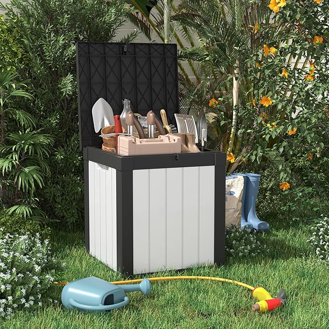 PatioZen 50 Gallon Resin Deck Box, Lockable Patio Outdoor Storage Box for Furniture, Garden Tools and Tools Storage, Waterproof Outside Storage Boxes - Black&White