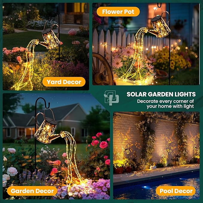 Solar Watering Can Lights, Waterproof Garden Solar Outdoor Decorative Lights, Metal Hanging Lights for Patio Yard Backyard, Gardening Birthday Gifts for Mom Grandma Women