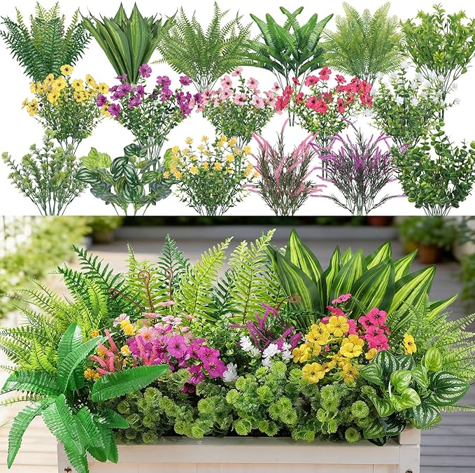 Alupssuc 48Pcs Artificial Flowers and Plants,UV Resistant & No Fade Fake Plastic Greenery Shrubs for Home Garden, Pathway, Front Porch-Spring Summer Decor, Indoor/Outdoor Use,Rosy Purple Yellow Pink