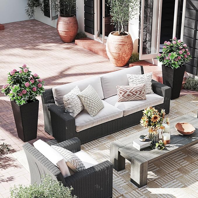Giantex Set of 2 Outdoor Wicker Flower Pot, 30 Inch Tall Planters with Drainage System, PE Rattan Flower Pots, Indoor Outdoor Decoration for Front Porch Balcony Entryway, Dark Brown