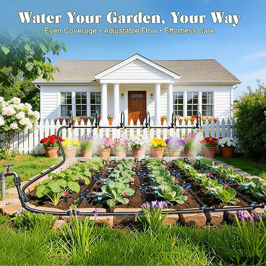 Drip Irrigation Kit for Garden, Automatic Plant Watering System with Quick Connect Fittings, Water Saving Irrigation Tubing Hose and Accessories for Yard, Greenhouse, Lawn & Raised Bed (191FT)