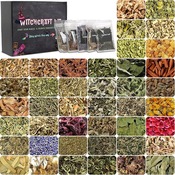 42Pcs Set Dried Herbs Witchcraft Supplies kit, Witchy Herbs and Flowers Gift for Witch Beginner, Wiccan,Wicca Altar Supplies Decor, Pagan, Magic Ritual and Spell