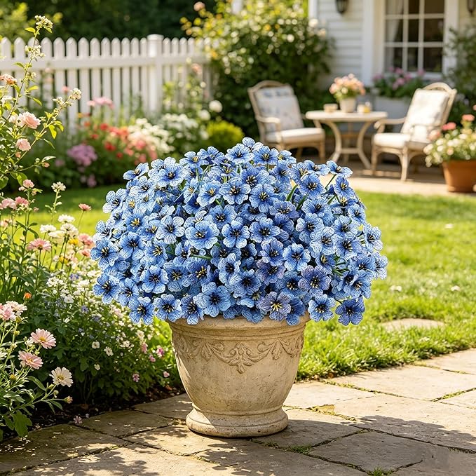 AmyHomie 20 Bundles Artificial Flowers for Outdoors UV Resistant Fake Plants, Faux Silk Flowers No Fade for Planters Garden Porch Window Box Spring Summer Decoration(Blue)