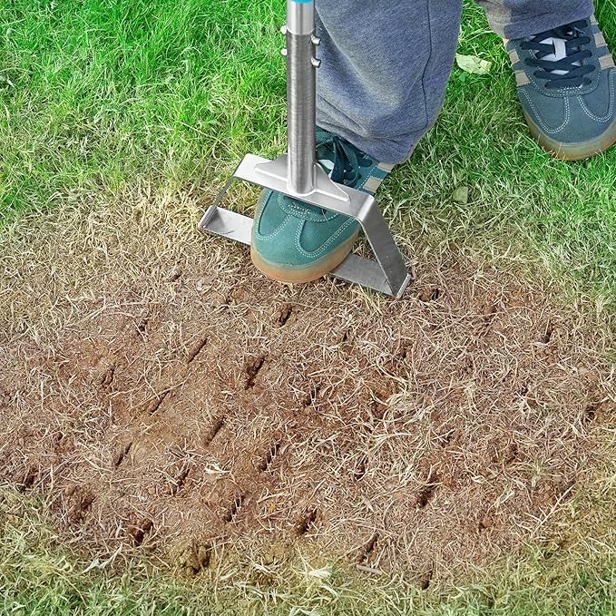 Manual Lawn Aerator Spike Tool, Semi-Assembled, Non-Clogging Spike Aerator with 4 Steel Spikes, Ergonomic Handle & Reinforced Welding for Compacted Soil Loosening & Yard Aeration - Green