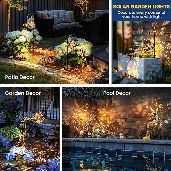 Solar Lights Outdoor Garden Decor, Large Lanterns Watering Can Gardening Gifts for Mom Women Grandma Birthday, Hanging Outdoor Decoration for Yard Porch Patio Backyard (2 Pack)