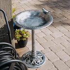 Backyard Expressions Outdoor Garden Bird Bath with Bird - Silver - Weather Resistant Polyresin - 30 Inch