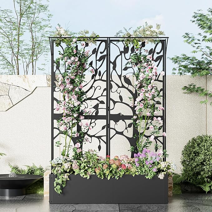 Metal Planter Box with Trellis, Tall Raised Garden Bed for Patio, Outdoor Privacy Planters for Climbing Plants, Vegetables, Fruits, Balcony, Outside, 62.4 x 12.2 x 44.6 Inch, Black