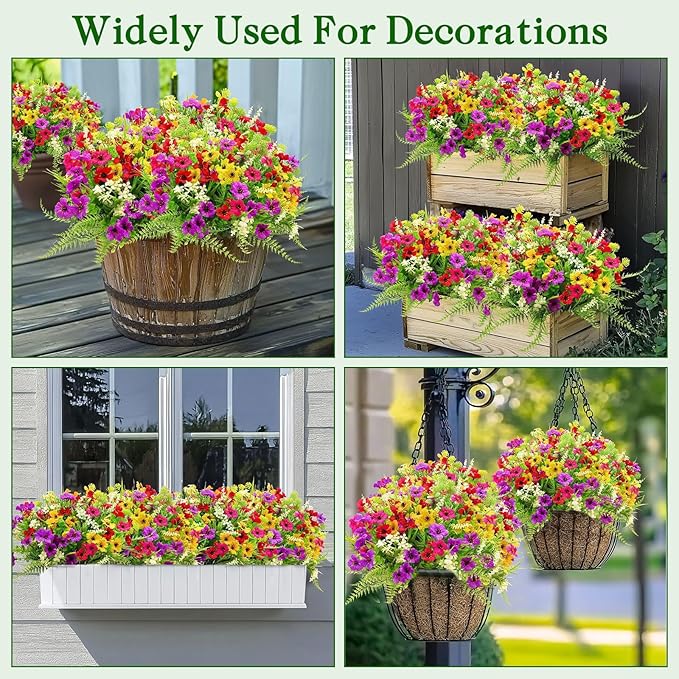 24 Bundles 8 Styles Artificial Flowers for Outdoors UV Resistant Fake Flowers Faux Plastic Plants Colorful Daisy Boston Fern Lavender Cemetery Flowers for Outside Indoor Home Porch Patio Spring Decor