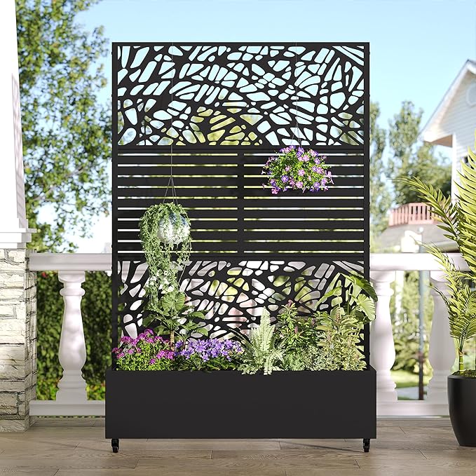 Casaphoria Metal Raised Garden Bed with Trellis and Wheels, 72"x47"x16" Arched Planter Box for Climbing Plants, Vegetables & Vines, Features Drainage Holes and Privacy Screen (Black-Net&Louvered)