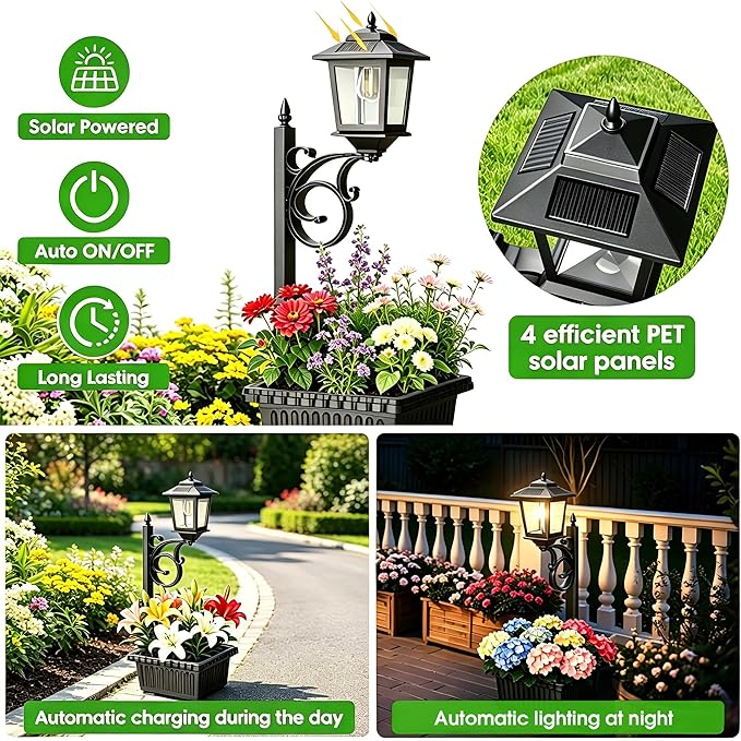 Melunar Outdoor Flower Pots 2 in 1, Solar Post Lamps Waterproof, Solar Lamp Post Lights, Wall Mount or Freestanding, Outdoor Decorative Lamp for Garden, Patio, Front Porch, Back Door, Warm White.