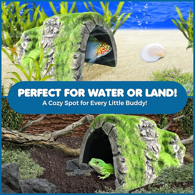 SunGrow Reptile Hideout Cave with Artificial Moss, Rock Habitat Shelter for Lizards, Snakes, Geckos, Frogs & Aquariums, Durable Resin Cave Decor, 6 x 3 x 4 Inches