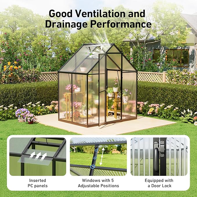 6x4FT Small Greenhouse with Hygrometer, Plant Gardening Green Houses for Outside Heavy Duty with Aluminum Frame, Quick Setup Polycarbonate Greenhouse with Lockable Door & Vented Roof Window