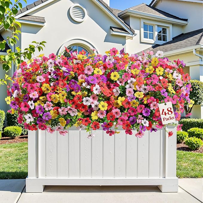 Alupssuc 48 Bundles Artificial Flowers for Outdoors Decoration, UV Resistant Silk Faux Floral Spring Fake Plastic Plants Greenery for Outside Indoor Home Porch Window Box Decor(Upgrade 6 Colors)