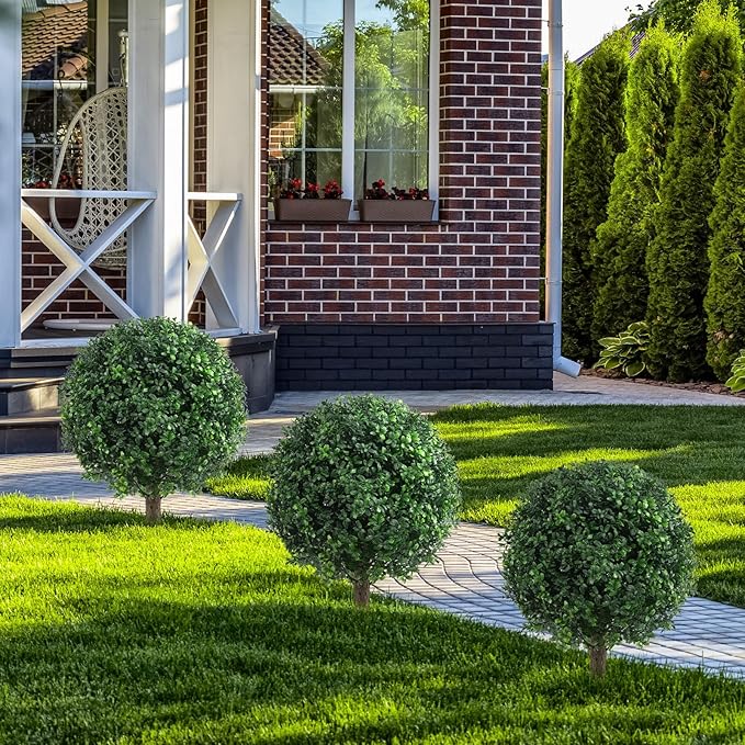 AOKIIE Set of 2 Artificial Boxwood Topiary Ball Trees for Outdoor with Ground Spike 22", UV Resistant Faux Greenery Shrubs, Fake Boxwood Plants for Indoor, Garden, Yard, Porch, Patio Decor