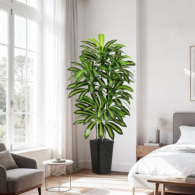 Artificial Dracaena Tree - 5FT Tall Fake Plants with Black Square Planter - Artificial Plants Indoor Floor Plant in Pot - Large Tropical Fake Yucca Potted Tree for Home Office Living Room Decor