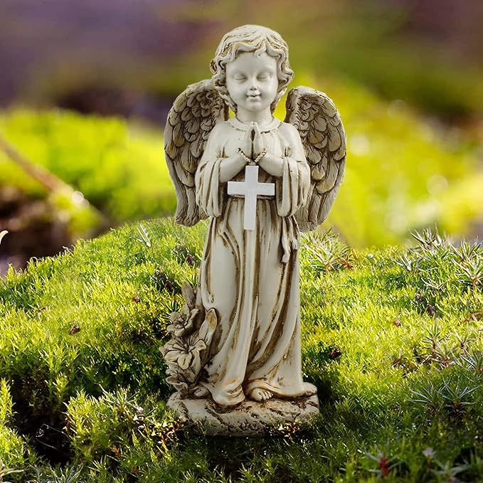 Rezpuao Angel Statue for Garden,Solar Angel for Cemetery Decorations,Garden Memorial Angels,Resin Praying Angels Figurine for Patio Lawn Yard Porch Decorations,12.12inch