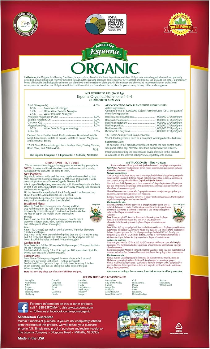 Espoma Organic Holly-Tone 4-3-4 Natural & Organic Evergreen & Azalea Plant Food; 36 lb. Bag; The Original & Best Fertilizer for All Acid Loving Plants Including Rhododendrons & Hydrangeas