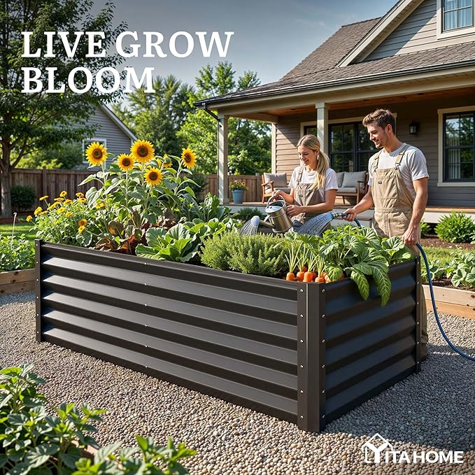 YITAHOME 6x3x3ft Large Raised Garden Bed Kit, Galvanized Metal Planter Box with Gloves, Support Rod, Outdoor Above Ground Planters for Plants Vegetables Flowers, Black
