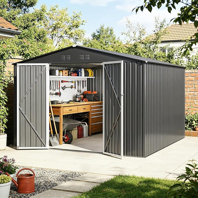 10 x 12FT Sheds & Outdoor Storage, Dark Grey Metal Waterproof Storage Shed with Door and Lock Outdoor Shed,All-Weather Shelter for Bike, Gardening Tools, Lawn Mowers