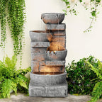 Teamson Home 33.25 in. Cascading Bowls and Stacked Stones LED Outdoor Water Fountain for Gardens, Landscaping, Patios, Balconies, and Lawns for a Calming Oasis in Outdoor Living Spaces, Stone Gray