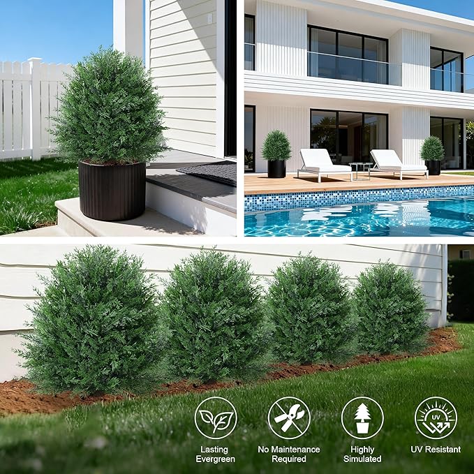 27'' Artificial Topiary Plants for Outdoor 2 Pack Artificial Topiary Trees with Stable Metal Ground Spike Fake Bushes Shrubs for Outside Garden Front Porch Landscape Walkway, Green Cedar
