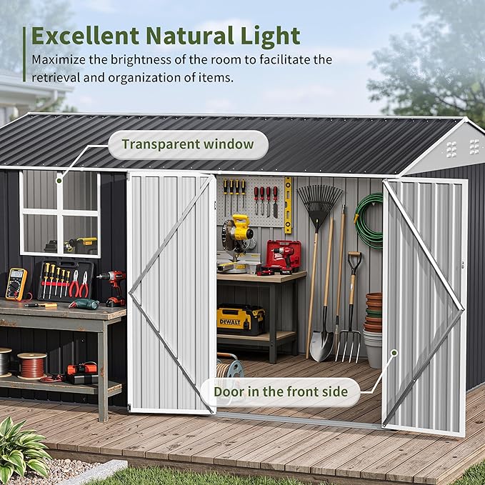 Polar Aurora 10X12 FT Metal Outdoor Storage Shed with Window, Heavy-Duty Galvanized Steel Garden Shed with Lockable Doors and 4 Vents, Large Weatherproof Tool Shed for Backyard Patio Outside, Black