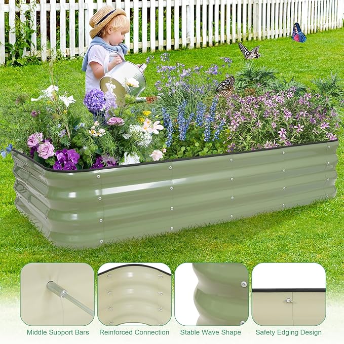1MORE Raised Garden Bed -5X3X1 Galvanized Planter Box for Outdoor Gardening,4 in 1 Modular Raised Bed Kit with Protective Tape, Gloves for Herb,Ideal for Vegetables and Plants.Green-1Pack