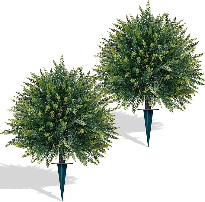 2PCS Artificial Cedar Topiary Ball Trees 23" for Outdoors with Ground Spike, UV Resistant Artificial Cypress Trees, Evergreen Shrubs Bushes Faux Plants for Front Porch Garden Backyard