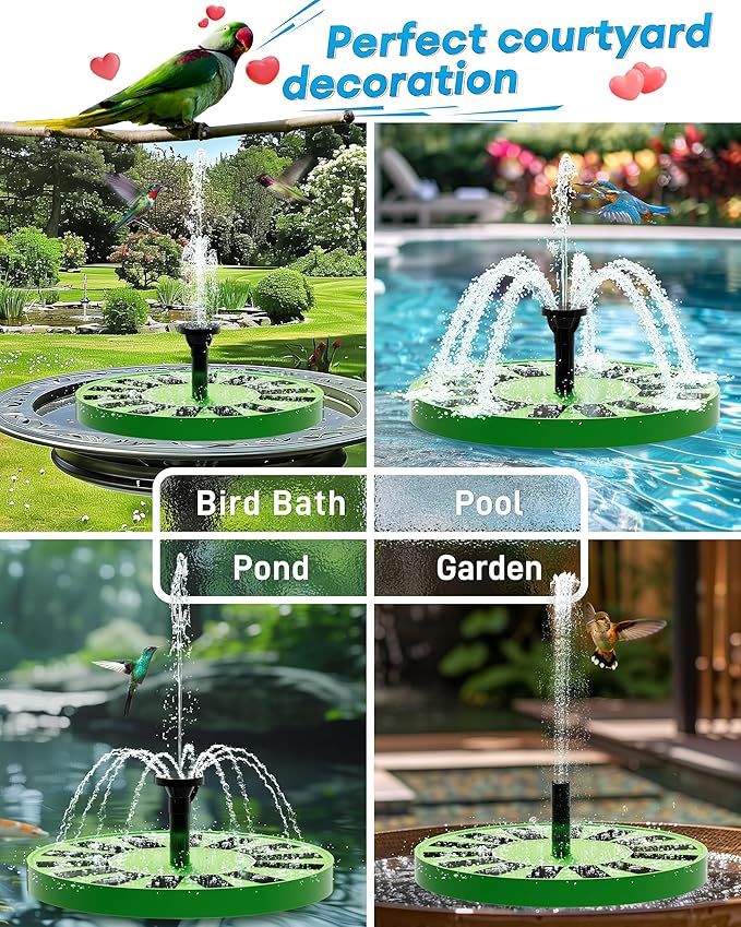 2.5W Solar Bird Bath Fountains– Upgraded Solar Pond Fountain with 6 Nozzles,Solar Fountain for Bird Bath, Pond, Garden Decor (Green)