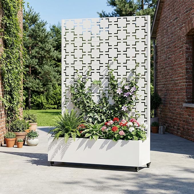Casaphoria Metal Raised Garden Bed with Trellis and Wheels, 72"x47"x16" Arched Planter Box for Climbing Plants, Vegetables & Vines, Features Drainage Holes and Privacy Screen, White-Square