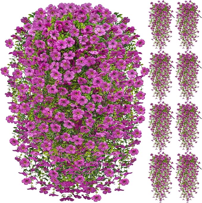 Artificial Hanging Flowers for Outdoors Spring Summer Decoration, 8PCS UV Resistant Silk Fake Hanging Plants for Patio Porch Front Yard Window Garden Indoor Decor(Purple,8PCS)