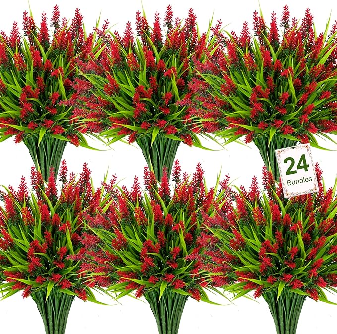 Bassion 24 Bundles Artificial Flowers for Outdoors, Fake Lavender Flowers with Monkey Grass UV Resistant Plastic Faux Plants for Outside Hanging Planter Window Box Garden Patio Front Porch Home Decor