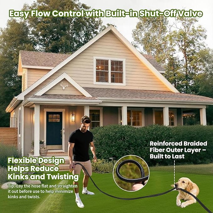 25ft Garden Hose – Lightweight & Flexible Water Hose, Leak-Proof Fabric & Non-Expandable with Shut-Off Valve for Yard, Outdoor Watering, Car Wash & RV