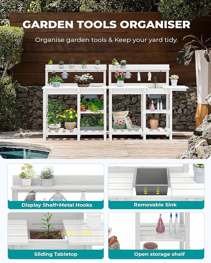 SERWALL Outdoor Potting Bench with Removeable Sink,Rot-Resistant HDPE Potting Table for Outside Gardening, All Weather Use - White