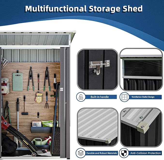 JY QAQA 6x4 FT Metal Outdoor Garden Storage Shed, Waterproof Metal Garden Sheds with Window and Lockable Double Door, Weather Resistant Steel Tool Storage House Shed for Garden,Patio,Lawn