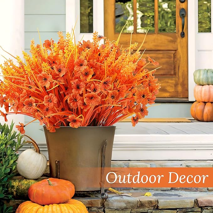 Der Rose 24 Bundles Fall Mums Artificial Flowers for Outdoor Fake Flowers Plants UV Resistant for Home Garden Porch Window Wedding Decor(Orange)