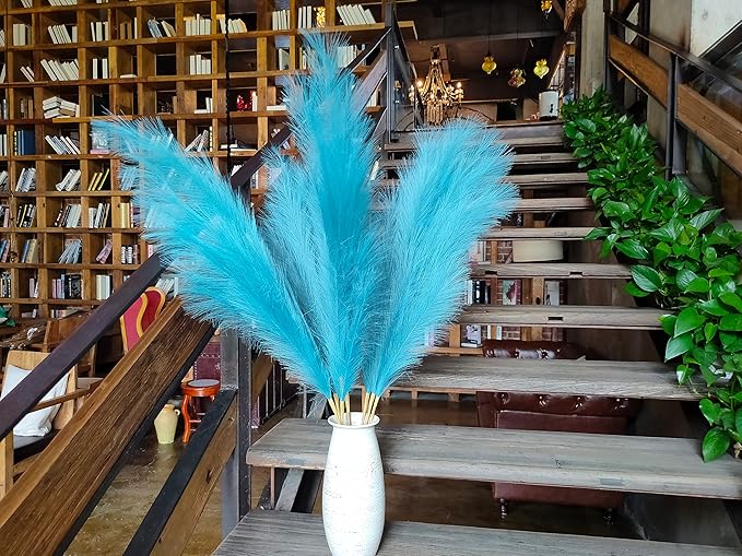 Premium Faux Teal Pampas Grass Decor 8pcs 43.3″ 110cm– Peacock Teal Tall Fluffy Feather Flowers, No Assembly 18-Branch One-Piece Stems for Boho Wedding & Coastal Home Decor, Floor Vase Accent