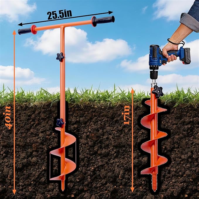 2026 Hand Auger Post Hole Digger Kit – 25.5×40in Manual Auger Post Hole Digger with 3.95" & 5.9" Auger, Fence Post Digger, Garden Hole Digger Tool for Bulbs, Trees, Plants, Umbrella, Fence Posts