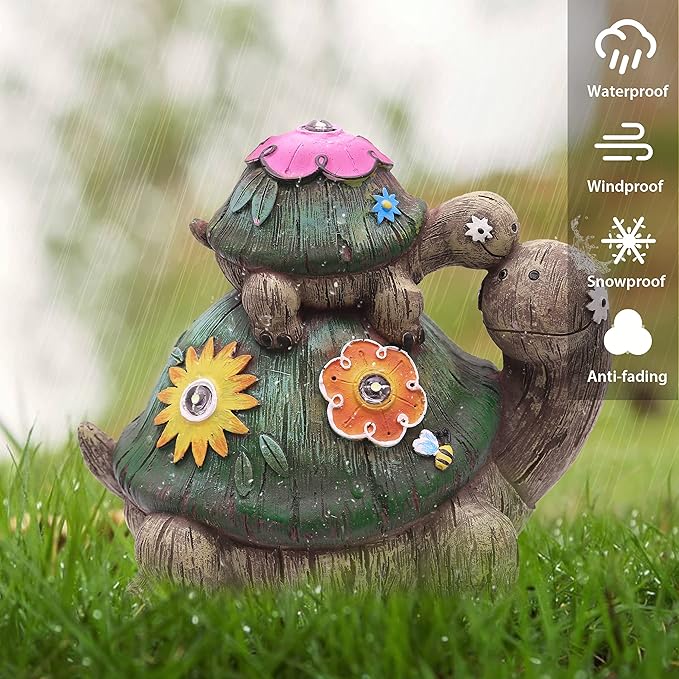 TERESA'S COLLECTIONS Garden Decor, Turtles Garden Decor, Family Tortoises with Solar Light, Waterproof Resin Garden Statue, Turtles Gifts Birthday Gifts for Women Mom