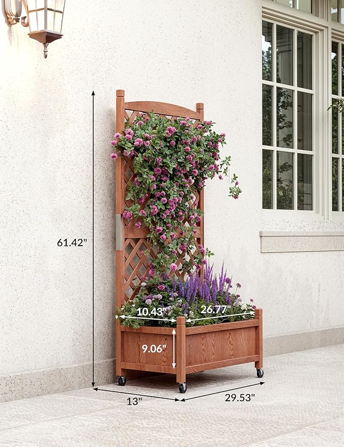 2PCS Wood Planter Box with Diamond Lattice Trellis, Raised Garden Bed with Trellis & Wheels, Privacy Planters for Patio, Planter Box with Drainage Holes for Climbing Plants, Flower, 61"x 26"x 30"