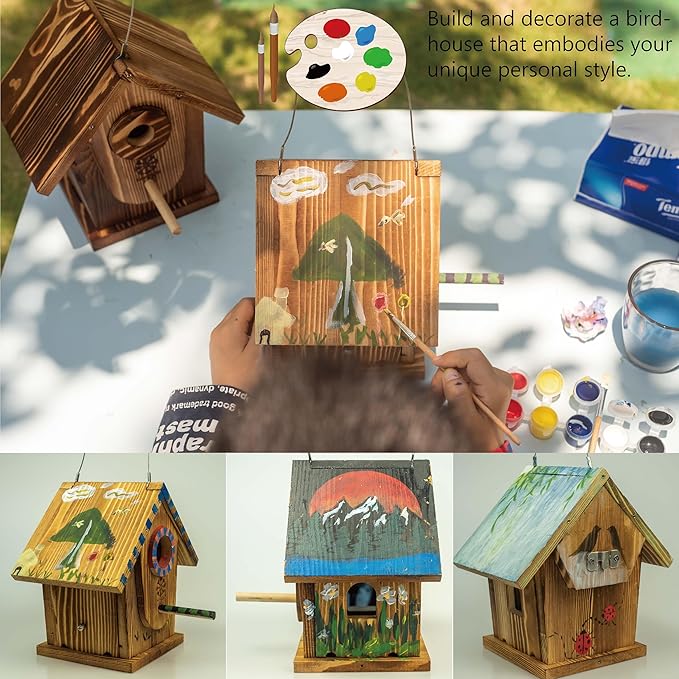 Bird Houses for Outside,DIY Kit for Adults & Kids,Solid Mortise & Tenon Structure,Carbonized for Durability and Aesthetic Appeal,Easy to Clearance,Paint Kit Included