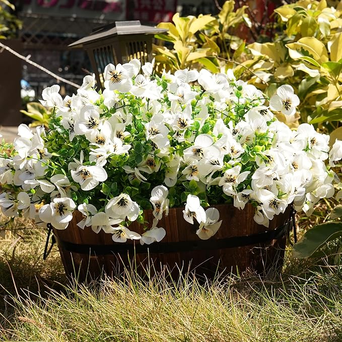 Artificial Flowers for Outdoor, UV Resistant Fake Silk Pansies Flowers, Realistic Faux Plants for Outside Indoor Porch Patio Window Box Planter Home Decor (16, White)